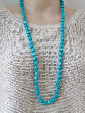 Vintage Simulated Turquoise Beaded Necklace 35” Extra Long Beads Strand